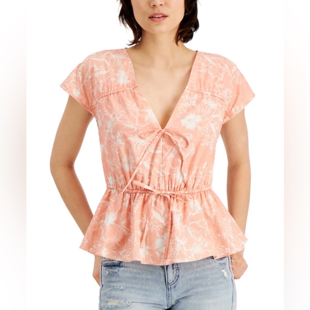 INC International Concepts V-Neck Top Tie Front Pink White Floral Cool Cotton 1X